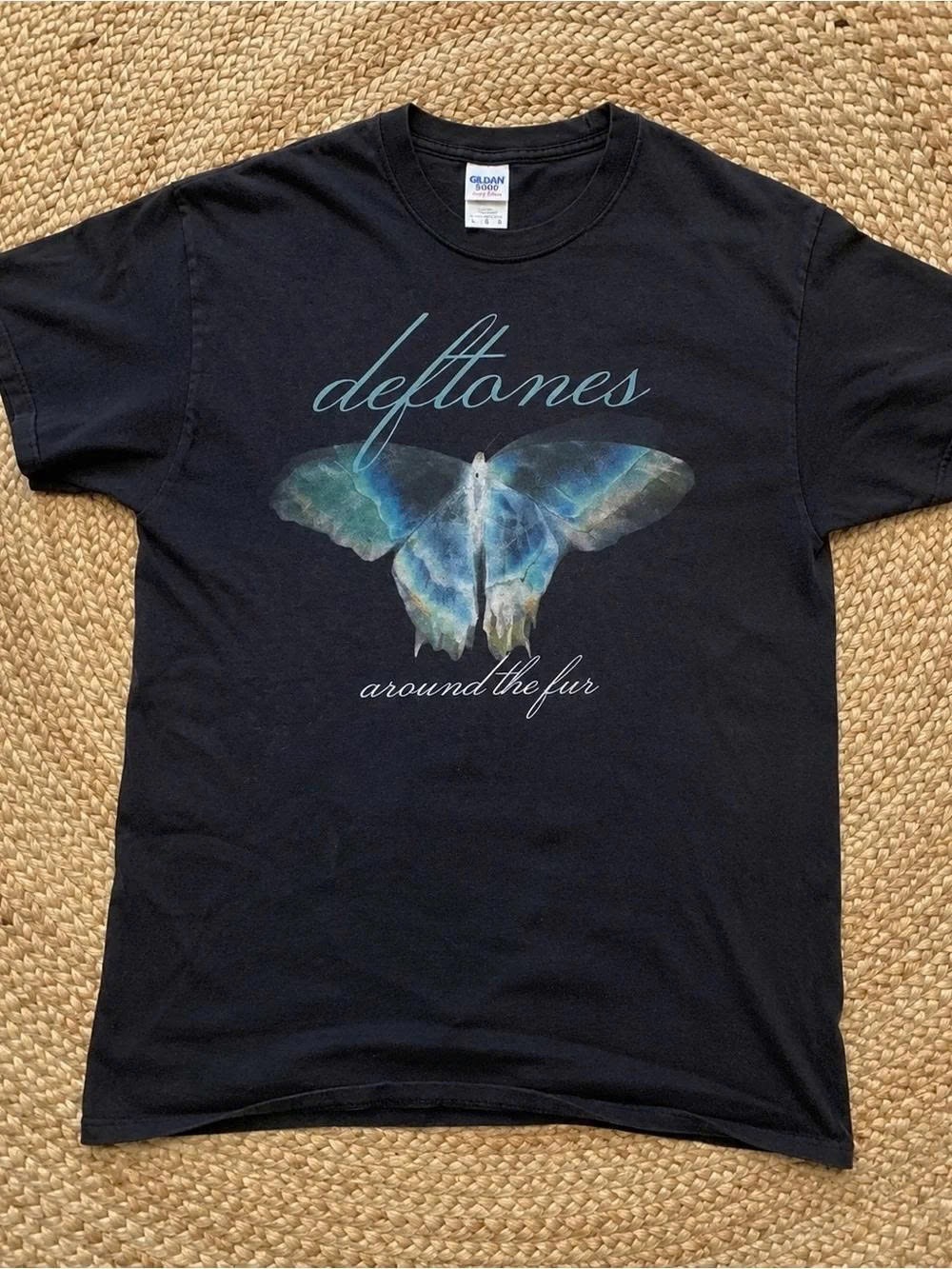 Black Tee with Blue Butterfly and 'deftones' Script